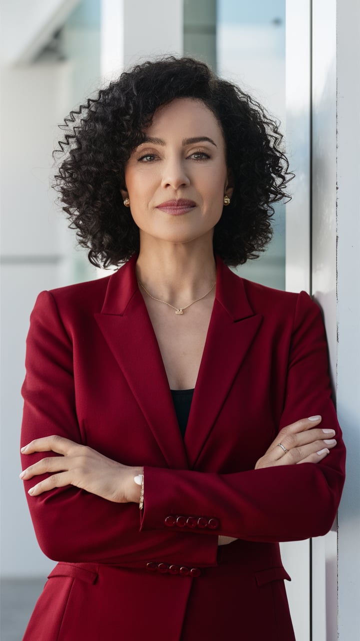 A woman with Red coat standing confidently folding hands, showing confidence
