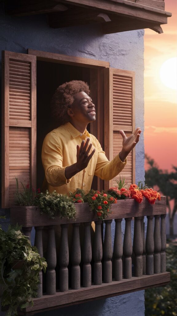 A dark raced man standing in his balcony of his humble home, looking up in gratitude