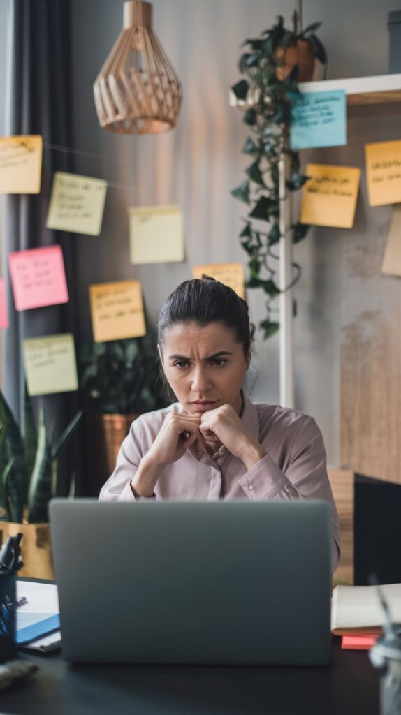 A women sitting infront of her desk and laptop, worried. Ai generated image