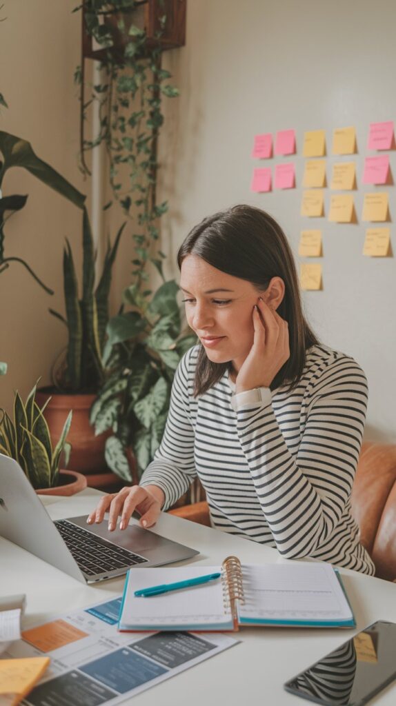 A girl sitting in front of her laptop in her workspace in the house. Thinking of how to manage time