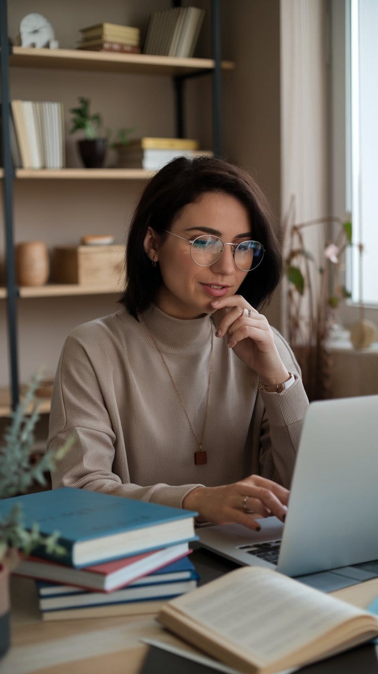 A lady with a beige t-shirt sitting with her laptop