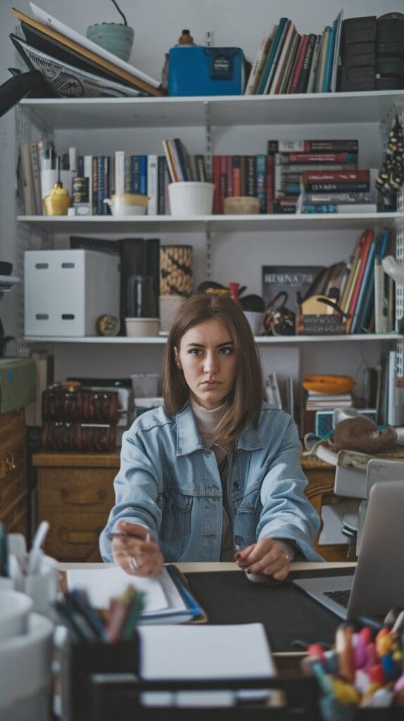 A White woman, sitting wearing her blue jeans, short hair and worrying about her job that she doesn't like.